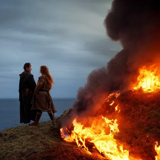 Image similar to romantic meeting on a cliff between a Viking king and a Valkyrie above a burning ocean of war, By Emmanuel Lubezki