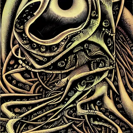 Image similar to eldritch frog abomination of unimaginable horror by h. r. giger and junji ito, speculative evolution, op art with big bold patterns