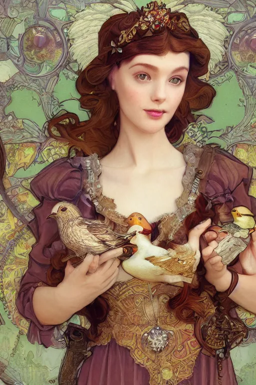 Image similar to face 3 d render of english princess holding birds, ornaments, mucha vibe, dieselpunk, solarpunk, artstation