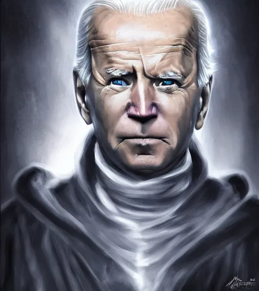 Image similar to joe biden as a hooded arch mage, portrait, by artgem, by yoshitaka amano, dark atmosphere, digital art, highly detailed,