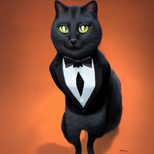 Image similar to photorealistic cat man wearing a tuxedo in the style of greg rutkowski. hyperdetailed photorealism, 1 0 8 megapixels, cinematic lighting