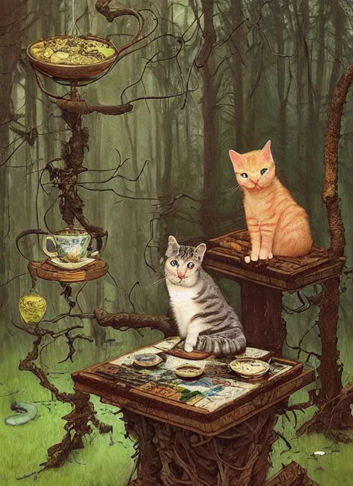 Image similar to cat having tea at a shrine in the woods gorgeous lighting, lush forest foliage a hyper realistic painting by chiara bautista and beksinski and norman rockwell and greg rutkowski weta studio, and lucasfilm