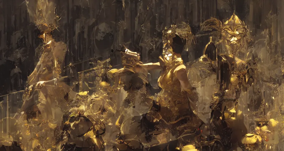 Prompt: craig mullins and ghibli digital art of theater, stage, masked female violinists, exotic costumes, gold jewelry, black hair, solo performance unreal engine, hyper realism, realistic shading, cinematic composition, realistic render, octane render, detailed textures, photorealistic, wide shot