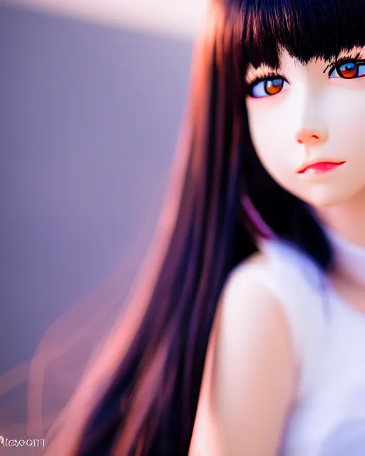 Image similar to A photo of a realistic-looking anime girl with black hair, highly detailed, bokeh, 90mm, f/1.4