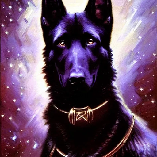 Prompt: a portrait of a manly and muscular and handsome and attractive black german shepherd dogman canine, star trek the next generation. highly detailed painting by gaston bussiere, craig mullins, j. c. leyendecker, furry