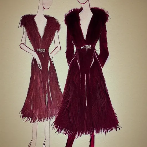 Prompt: a light feminine dress made of feathers and burgundy fur, fashion sketch