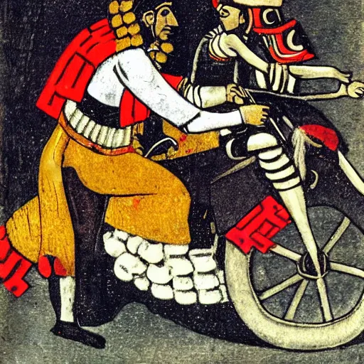 Image similar to Inca Atahualpa riding a motorcycle