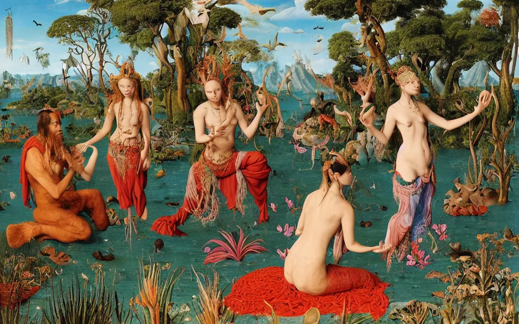 Image similar to a portrait photograph of a meditating mermaid shaman and a centaur monk feeding tropical animals at a wide river delta. surrounded by bulbous flowers, animals and trees. mountain range under a vast blue sky of burning stars. painted by jan van eyck, max ernst, ernst haeckel and artgerm, cgsociety, artstation, fashion editorial