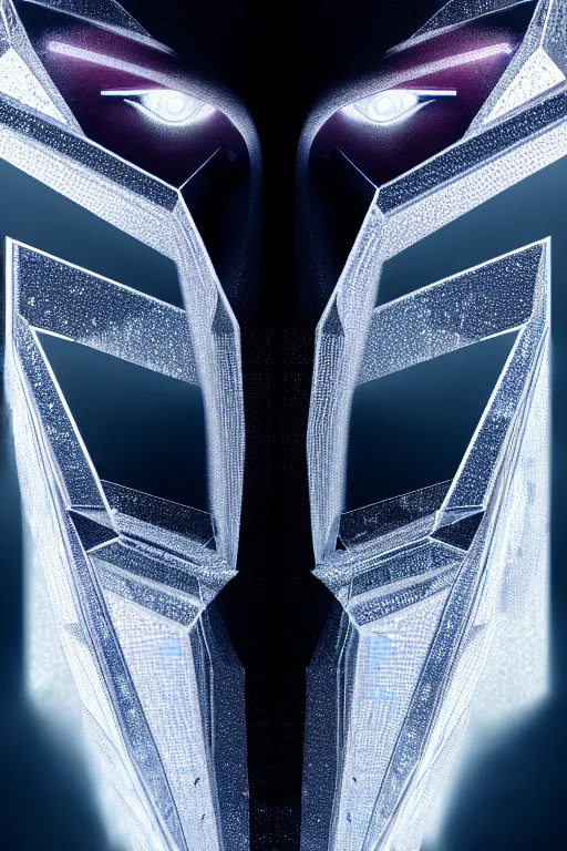 Prompt: hyperrealism, dreamland of chinese, ghost, sharp, slender and densely arranged teeth, futuristic, art deco, expressive, dystopian, cyberpunk, mecha, halfturn portrait of a big crystal face made of crystals half - turn, ominous, intricate, oc rendered, concept art, 4 k, sharp focus