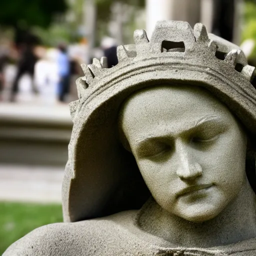 Prompt: low angle shot , statue of libertys head lying sideways with crown is broken off , low angle