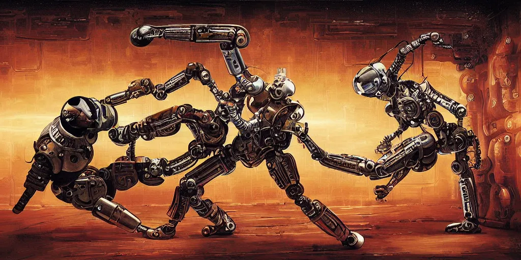 Image similar to digital painting of robot mixed martial arts in space, by michael whelan and h. r. giger, highly detailed, steampunk, mix of styles, intricate, ghost in the shell color scheme, boxing, kickboxing