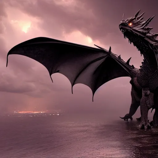 Image similar to dark dragon in a thunderstorm, epic scene, cinematic, ultra photorealistic, 8k,