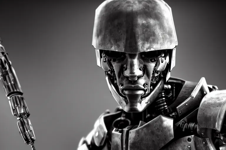 Prompt: still photo of a iron age war cyborg looking at the camera in a battlefield, black and white color aesthetic, highly detailed, photorealistic portrait, bright studio setting, studio lighting, crisp quality and light reflections, unreal engine 5 quality render