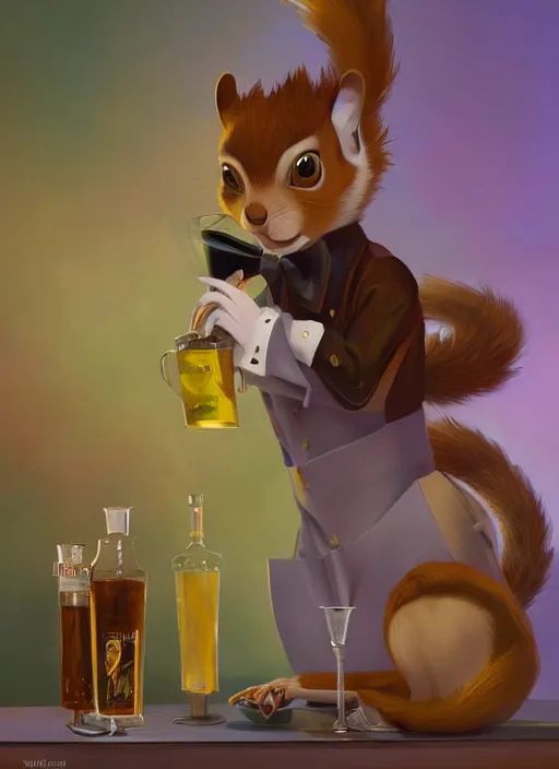 Prompt: squirrel anthro as a dapper bartender with a big, fluffy tail, retro futurism, art deco, detailed, painterly digital art by WLOP and Cory Loftis and Ilya Repin, 🐿🍸🍋, furaffinity, trending on artstation
