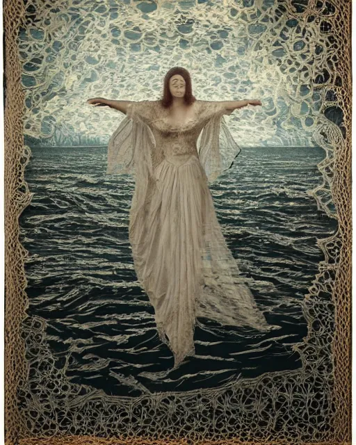 Image similar to a woman floating above the sea, made of intricate decorative lace leaf skeleton, in the style of the dutch masters and gregory crewdson, dark and moody