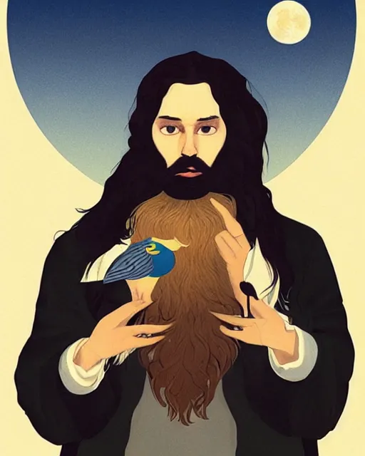 Prompt: portrait of a man with long black hair and beard holding a bird in his hands, full moon in the background, fine portrait, beautiful, concept art, by tomer hanuka, by jan vermeer