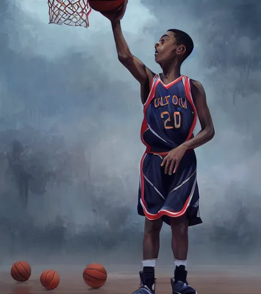 Image similar to portrait of a boy at a basketball court playing basketball wearing a basketball uniform in a basketball court standing near the basketball hoop, poised, intense emotion, detailed facial expression, detailed surroundings, intricate, elegant, highly detailed, centered, digital painting, artstation, concept art, smooth, sharp focus, illustration, by Peter Mohrbacher, WLOP