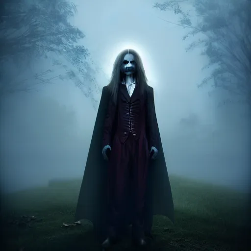 Image similar to creepy horror, Vampire Chronicles characters portrait, Highgate cemetery, fog, volumetric lighting, beautiful, blueish moonlight, sharp focus, ultra detailed, cgsociety