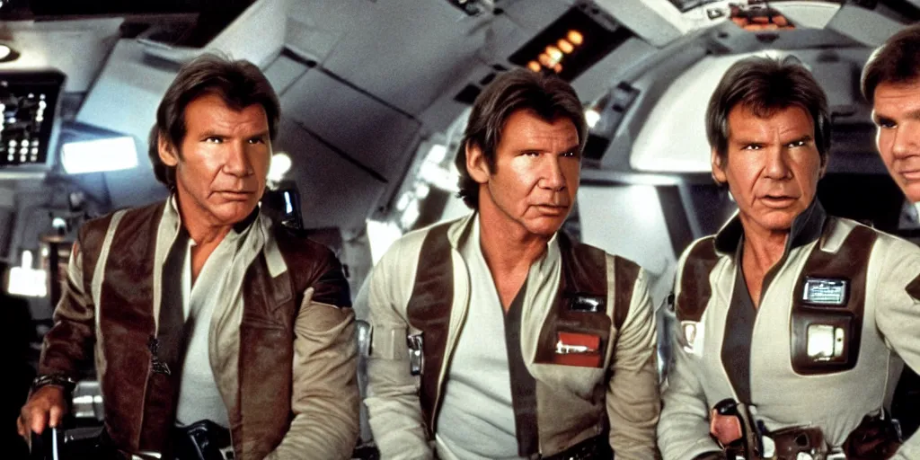 Image similar to a full color still of the control bridge of a spaceship with a middle-aged Harrison Ford as Han Solo standing in the middle, dressed in an admirals uniform, cinematic lighting, 1999, directed by Steven Spielberg, 35mm