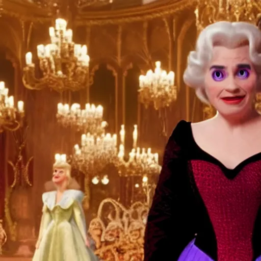 Image similar to a Still from the disney film cinderella featuring Boris Johnson as the evil queen