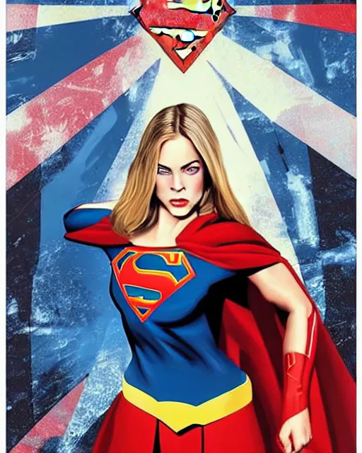 Image similar to high quality presentation digital print of a cara delevigne as supergirl, soviet poster art style black red white, head and shoulders