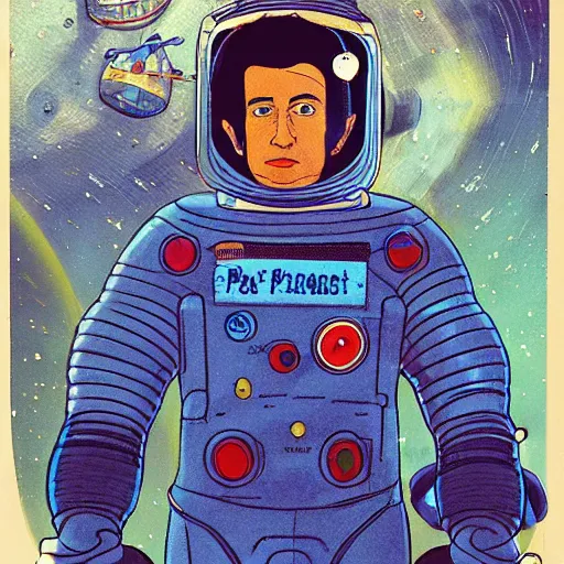 Image similar to a portrait of pilot stallone in spacesuit on field forrest spaceship station landing laying lake artillery outer worlds in FANTASTIC PLANET La planète sauvage animation by René Laloux