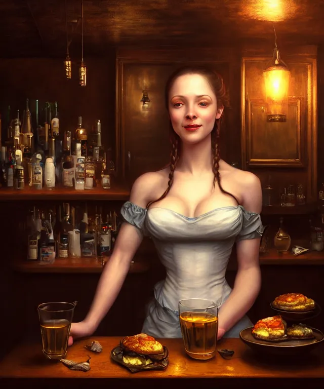 Image similar to hyperrealistic mixed media painting of a beautiful smiling charismatic barmaid, dimly lit cozy tavern, relaxed pose, stunning 3d render inspired art by Gerald Brom and Anna Dittmann + perfect facial symmetry + dim volumetric lighting, 8k octane beautifully detailed render, post-processing, extremely hyperdetailed, intricate, epic composition, grim yet sparkling atmosphere, cinematic lighting + masterpiece, trending on artstation, very very detailed, masterpiece, stunning
