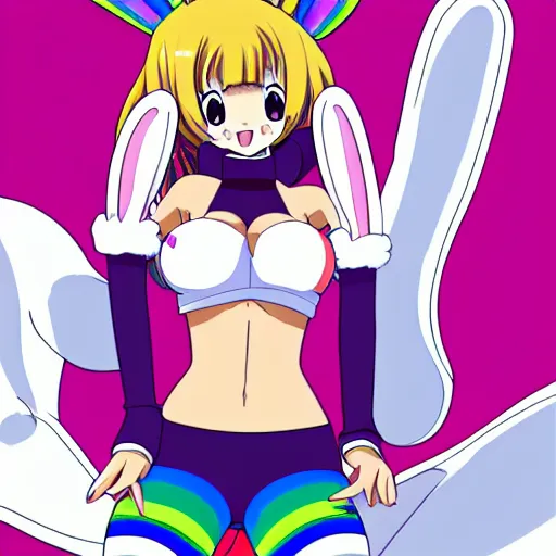 Image similar to an anime playboy bunny, bunny and she is wearing a tight white t-shirt and rainbow thigh high socks. she is giving the peace sign and smiling.