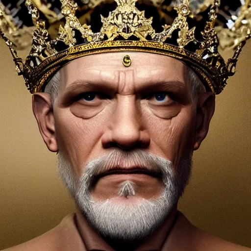 Image similar to John Malkovich with a diamond jeweled crown with a golden crown, photorealistic, highly detailed, 8k, in the art style of Filip Hodas, 8k