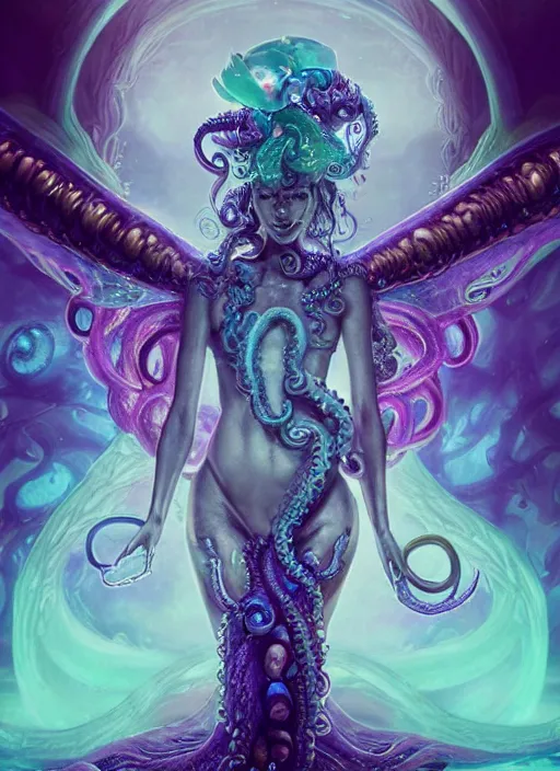 Image similar to A full shot of a cute magical monster girl sea creature Made of opals and tentacles. Fully Clothed. F1.4. Symmetrical. Dark Smoke and VFX. Caustics refraction. Prism light. Demon Horns, Angel Wings, By Giger and Ruan Jia and Artgerm and Range Murata and WLOP and William-Adolphe Bouguereau. Pipes. Lisa Frank Inspired. Key Art. Fantasy Illustration. award winning, Artstation, intricate details, realistic, Hyperdetailed, 8k resolution.