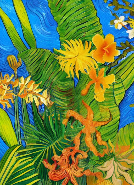 Prompt: a painting of tropical plants and flowers by lisa frank and van gogh, airbrush art, digital painting