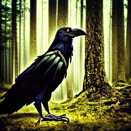 Image similar to werecreature consisting of a human and crow, photograph captured in a forest