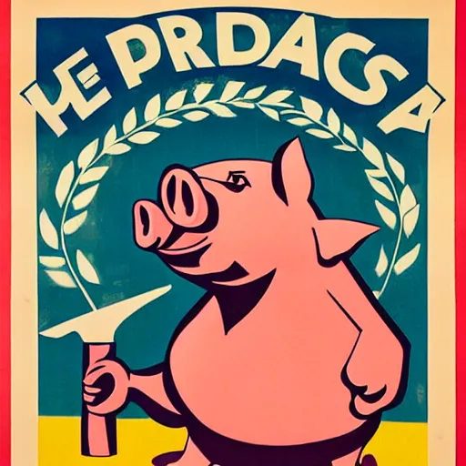 Image similar to propaganda poster with a cartoon pig as the centerpiece