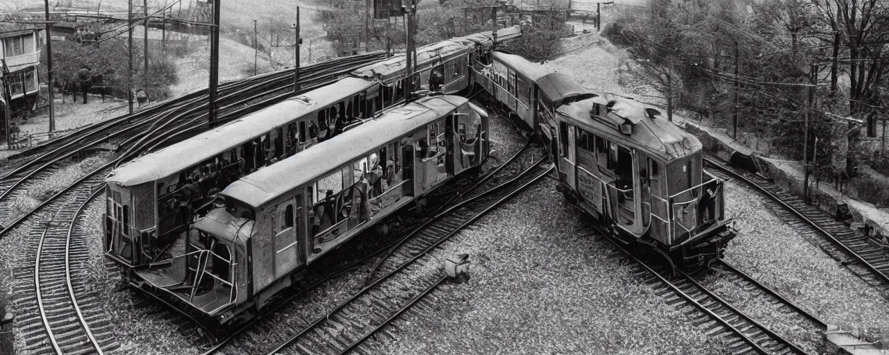 Image similar to early trains built with spaghetti engines, canon 5 0 mm, cinematic lighting, photography, retro, black and white film, kodachrome