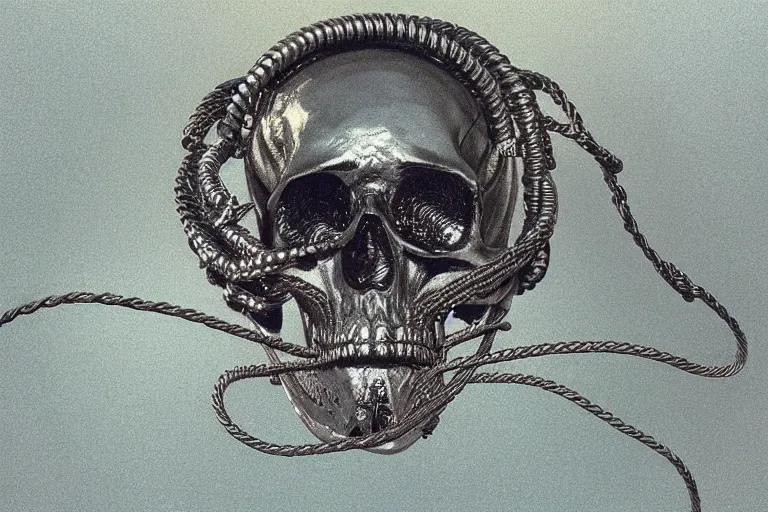 Prompt: metallic skull atop pile of coiled steel cable, style by caspar david friedrich and wayne barlowe and ted nasmith.