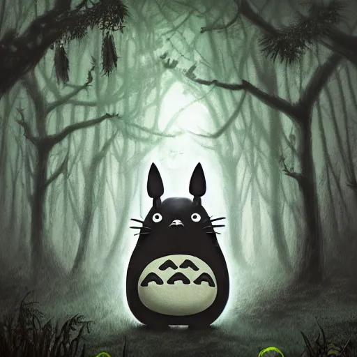 Image similar to totoro in a black metal band in the middle of the forest, fantasy digital art, wow, stunning, ghibli style, hight quality