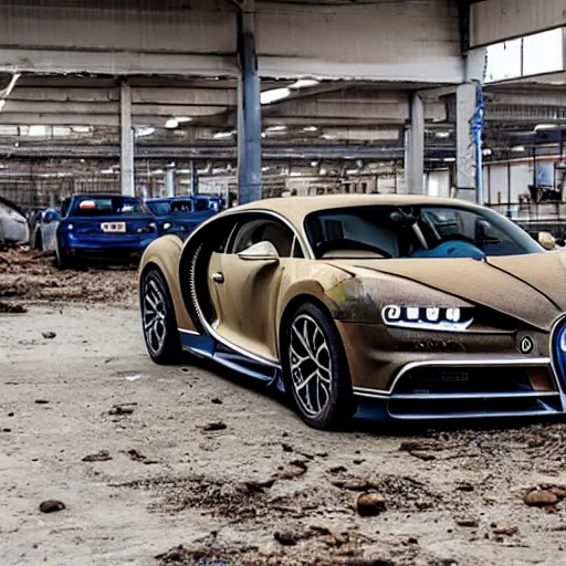 Image similar to an abandoned, derelict, rusty bugatti chiron in a dirty warehouse