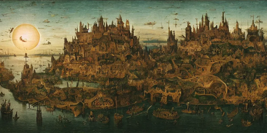 Prompt: floating islands at dusk megastructure in the style of heironymus bosch, intricate masterpiece, hyper detailed, hd