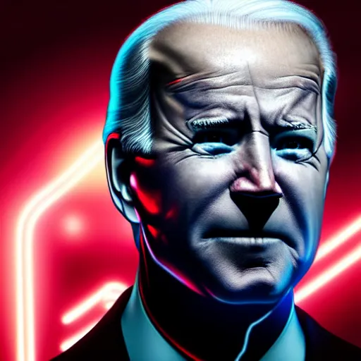 Prompt: Joe Biden, robotic, cyberpunk, cyborg, neon lights, glowing eyes