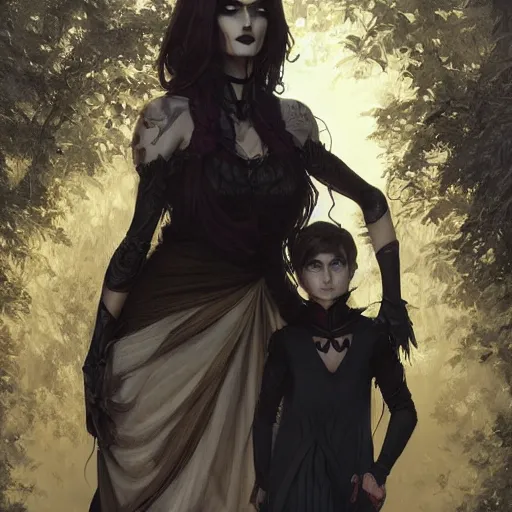 Prompt: a tall goth girl and a strong buff handsome man, family photo, cute, intricate, highly detailed, digital painting, artstation, concept art, smooth, sharp focus, illustration, unreal engine 5, 8 k, art by artgerm and greg rutkowski and alphonse mucha