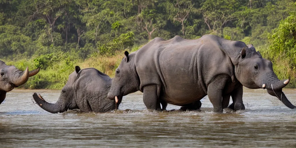 Image similar to a hippo with a rhino's horn and an elephant's trunk, in a river in the jungle, extremely high fidelity, natural lighting