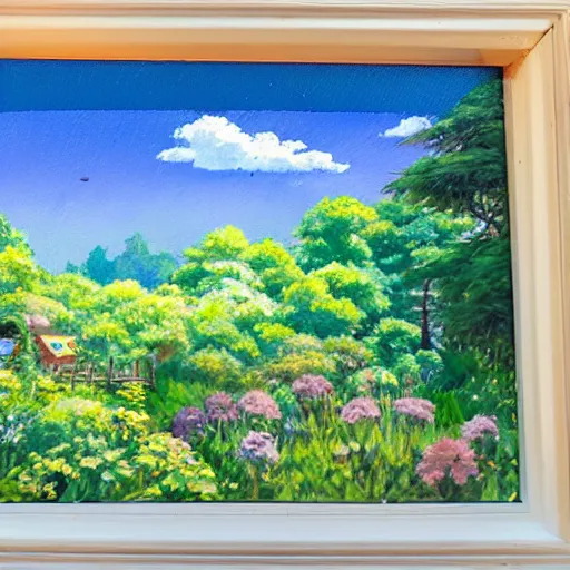 Prompt: an oil painting of a studio ghibli meadow view from a cozy window