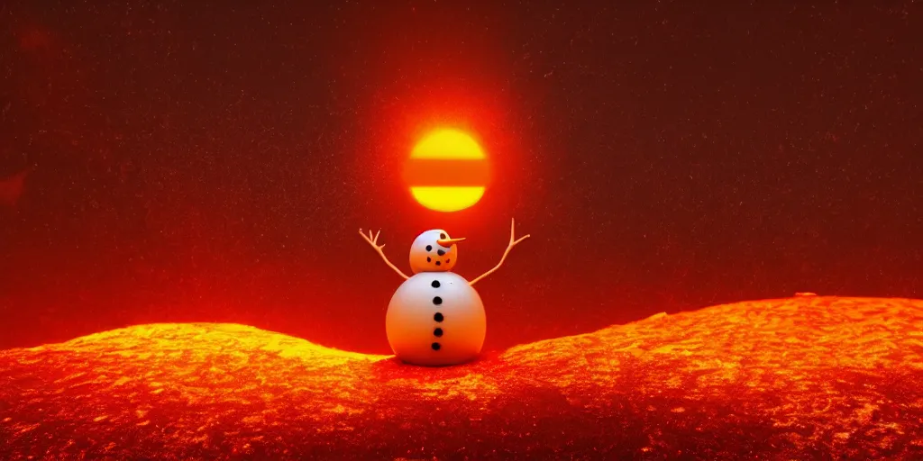 Image similar to a melting snowman standing on top of the sun. the ground is made of fire and lava and is glowing orange. cinematic, dramatic, epic, volumetric lighting, atmospheric, red, orange extremely coherent, 8 k, space