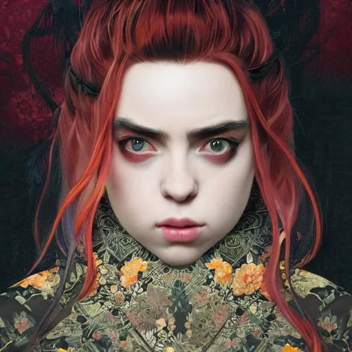 Prompt: a photorealistic dramatic fantasy render of a beautiful woman billie eilish wearing a beautiful intricately detailed japanese kitsune mask and clasical japanese kimono by wlop, artgerm, greg rutkowski, alphonse mucha, epic, beautiful dynamic dramatic dark moody lighting, shadows, cinematic atmosphere, artstation, concept design art, octane render, 8 k