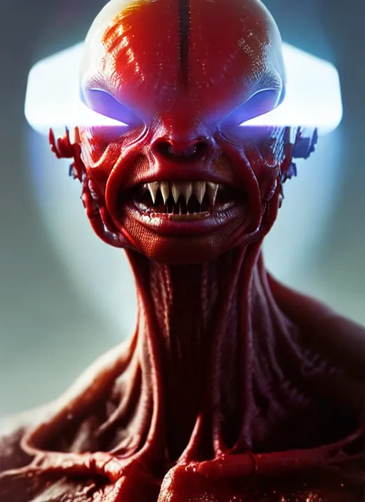 Prompt: portrait of a space alien, varying detailed skin, octane render, eyes containing a piercing red and yellow light, realistic render, detailed, ugly, slimy unreal engine, symmetrical!!, greg rutkowski and ruan jia, cinematic