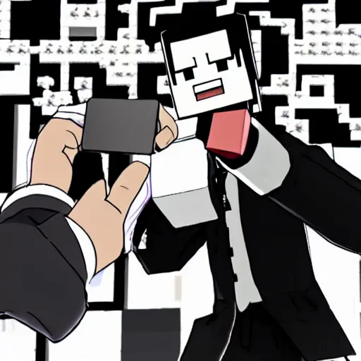 Prompt: photography of phoenix wright doing a selfie with monokuma in minecraft, black and white, dark, clear