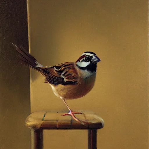 Image similar to an oil painting of a sparrow perched on a chair, highly detailed, oleo, artstation, sharp focus, by diego velazquez