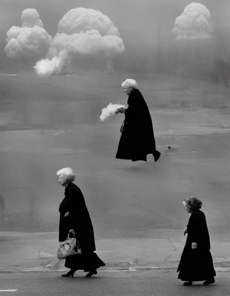 Image similar to Elderly woman crossing the street with a walker, nuclear mushroom cloud in the background, black and white photo by Annie Leibovitz