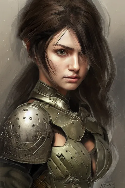 Image similar to a finely detailed portrait of an attractive young woman, clothed in military armor, olive skin, long dark hair, beautiful bone structure, symmetrical facial features, intricate, elegant, digital painting, trending on Artstation, concept art, smooth, sharp focus, illustration, from Metal Gear by Ruan Jia and Mandy Jurgens and Artgerm and William-Adolphe Bouguerea, award winning