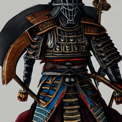 Prompt: japanese samurai boss inspired from dark souls 3, digital illustration, highly detailed art, 8k image quality